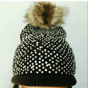 Rhinestone Pom Beenie Hat NWT